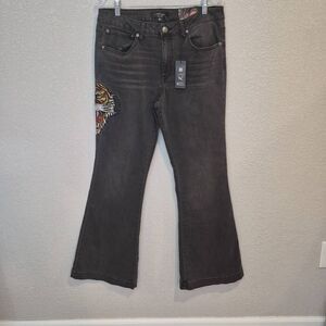 Ed Hardy Denim Tiger Head Embroidered Slim Flare Jeans Women's Size 32